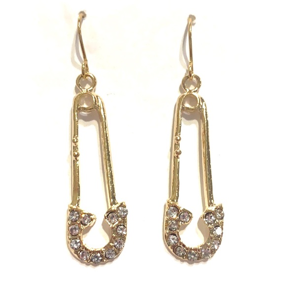 Safety Pin Earrings 2 Pairs Gold Tone Clear Rhinestones - Picture 3 of 4